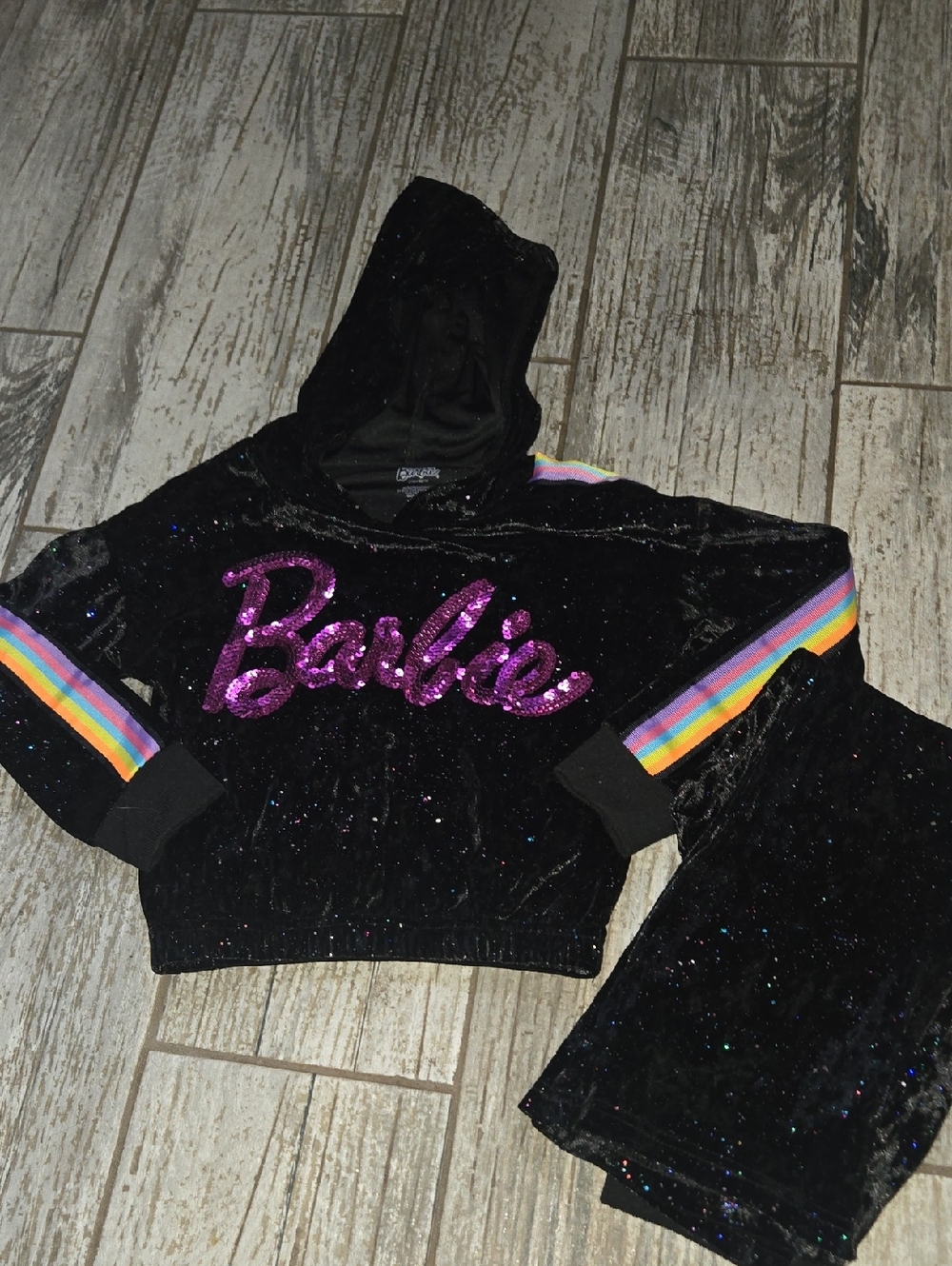 Barbie Black Velvet Hoodie Set with Pink Sequin Logo and Rainbow Stripes